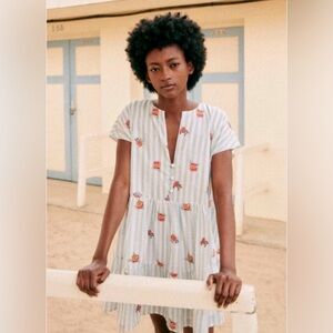 Sezane Saphir Dress in Embroidered Flowers on Blue Stripes Size 42